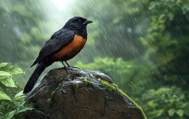 A striking bird perched on a mossy rock, surrounded by lush greenery in the rain, showcasing nature's beauty and tranquility.