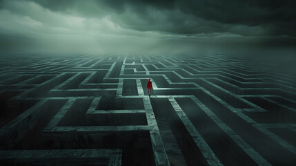 Wall Mural - a man is walking through a maze with a red line on the ground. the maze is dark and gloomy, and the 