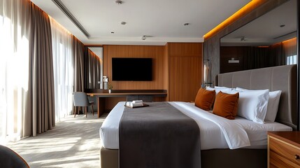 Canvas Print - Modern Hotel Suite with Large Bed and Floor-to-Ceiling Windows