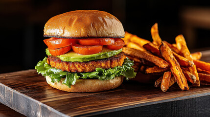 Delicious gourmet burger with fresh lettuce, sliced tomatoes, avocado, and crispy sweet potato fries on a wooden platter