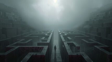 a man is walking through a maze with a red line on the ground. the maze is dark and gloomy, and the 
