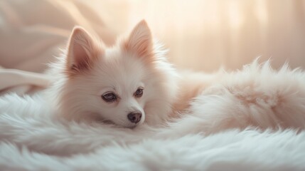 A fluffy white Pomeranian relaxing on a cozy blanket by a soft-lit window during a calm afternoon