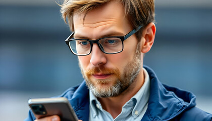 Wall Mural - man with short brown hair and a beard, wearing glasses and a blue denim jacket, looking at a smartphone during daytime