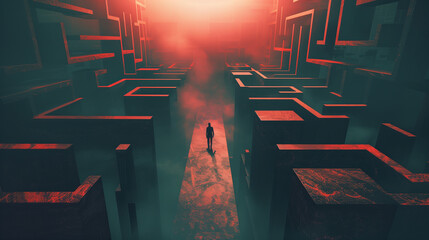 Wall Mural - a man is walking through a maze with a red line on the ground. the maze is dark and gloomy, and the 