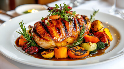 Grilled chicken breast served with vibrant roasted vegetables on a white plate garnished with fresh herbs and sauce