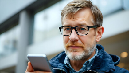 Wall Mural - man with short brown hair and a beard, wearing glasses and a blue denim jacket, looking at a smartphone during daytime