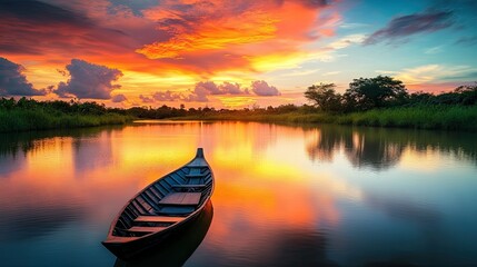 Stunning Southeast Asian sunset over a tranquil river, vibrant colors in the sky, peaceful scene