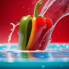 Wall Mural - Colorful bell pepper slices splash into a pool of zesty salsa, with vivid droplets and splashes against a bold red background.