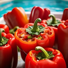 Colorful bell pepper slices splash into a pool of zesty salsa, with vivid droplets and splashes against a bold red background.