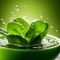 Wall Mural - Lush spinach leaves splash into a bowl of fresh water
