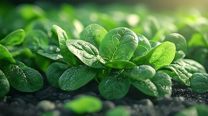 Dew-kissed green spinach leaves bask in the morning sunlight.