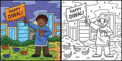 Wall Mural - Diwali Child with a Happy Banner Illustration