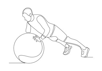 Continuous single line sketch drawing young energetic man exercise sit up and stretch with fitness ball in gym fitness healthy lifestyle sport vector illustration