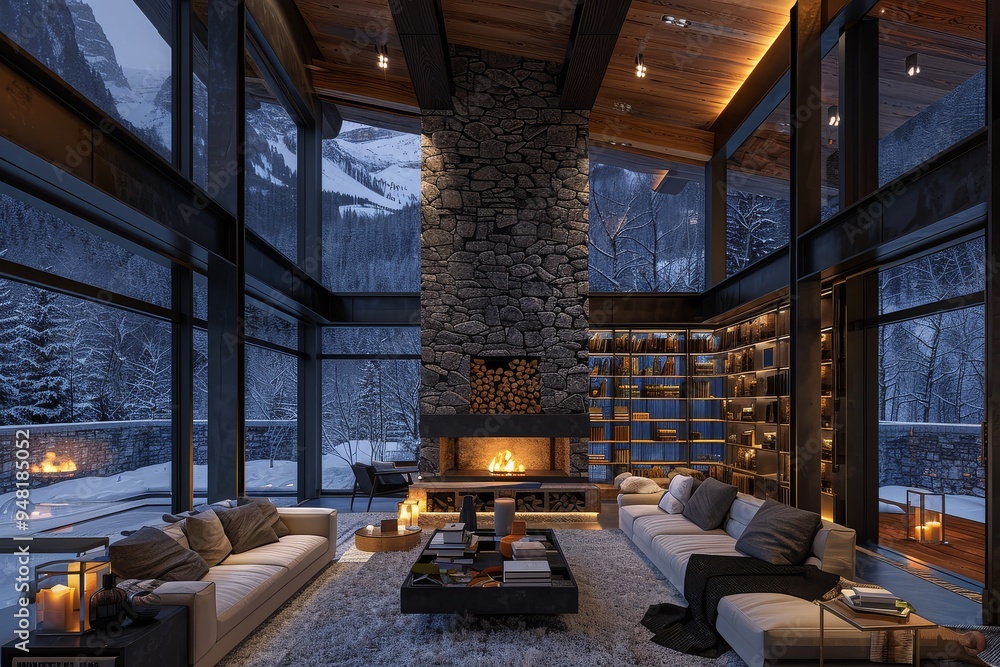 Wabi Sabi Modern Chalet Interior with Rustic Stone Walls, Wooden Beams ...