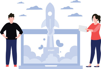 Boy and girl working on startup.