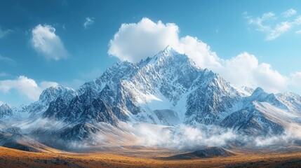 Canvas Print - Towering mountains showcase snow-capped peaks under a bright blue sky with fluffy white clouds floating above. Golden grass covers the tranquil landscape below