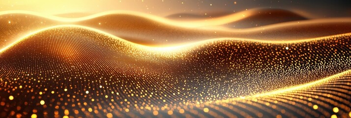 Aufkleber - Warm sunlight casts a golden glow on undulating sands, creating a captivating desert landscape filled with shimmering particles during sunset