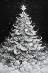 Canvas Print - The artwork features an intricately designed Christmas tree with swirling decorations, topped with a shining star, surrounded by a snowy landscape under a night sky