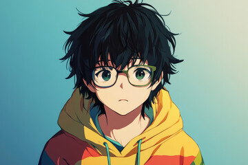 Canvas Print - A boy with black hair, blue eyes, and glasses wearing colorful