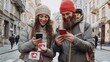 © happysunstock - Modern Love in Old Europe: Couple Exploring Historic Streets with 32K Detail Using Translation Apps on Phones,Generative AI