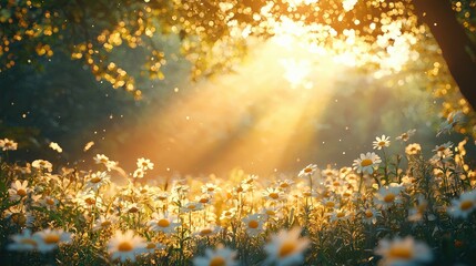 Poster - Soft beams of sunlight illuminate a vibrant field of daisies, creating a magical atmosphere filled with warmth and tranquility during early evening