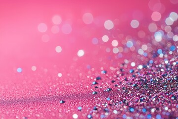 Leinwandbilder - Colorful glitter is scattered across a bright pink surface, reflecting light in various directions and creating a mesmerizing visual effect filled with sparkle