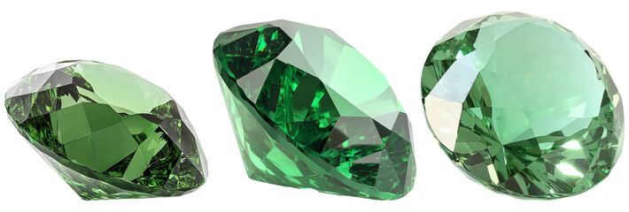 Emerald gemstones in different cuts isolated on transparent background