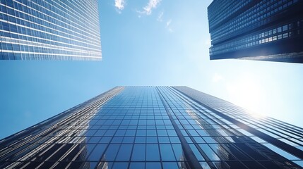 Glass tower with reflections in a bustling city skyline.