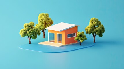 Wall Mural - Minimalist House with Trees and Blue Background