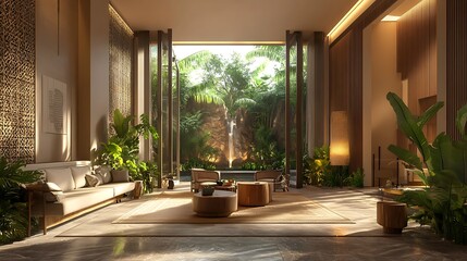 Wall Mural - Luxurious Tropical Living Room with Waterfall View