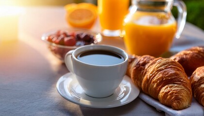 Wall Mural - Continental breakfast with fresh croissants, orange juice and coffee, selective focuse.
