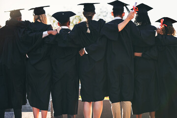 Poster - Graduation, hug and back of students with friends at university for education, opportunity or success. School, scholarship and group of people at campus with college degree, bright future or diploma
