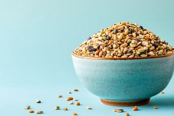 A bowl filled with various seeds against a light blue background.