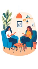 Two women sitting on the sofa talking to each other flat vector illustration with white background