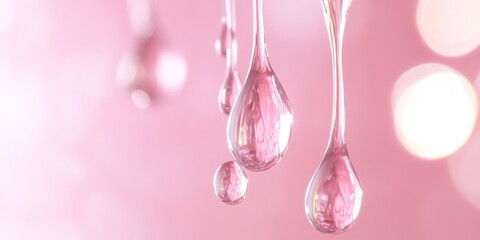 Beautiful pink droplets suspended gracefully against a soft, dreamy background, perfect for beauty and skincare themes