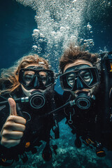 Diver in deep sea with thumbs up gesture