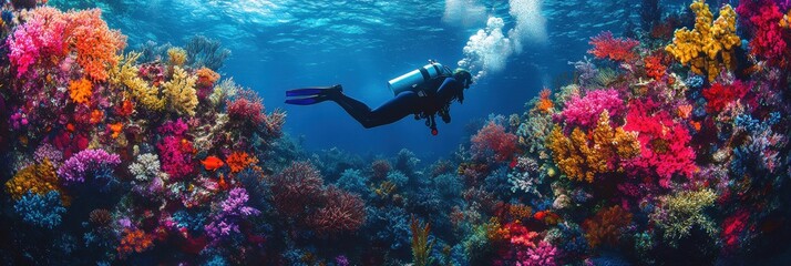 Diver with colorful beautiful coral reef with sea life fishes