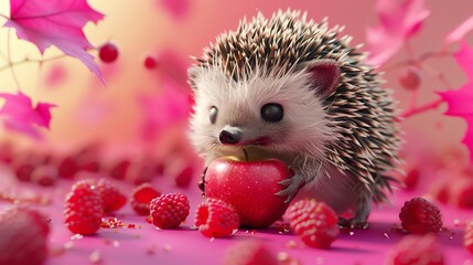 Wall Mural - A cartoon hedgehog eats an apple with raspberries and leaves around it.