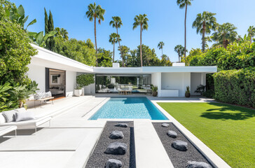 Wall Mural - A modern white home in Palm Springs with a pool and patio, featuring concrete and glass in a mid-century modern style