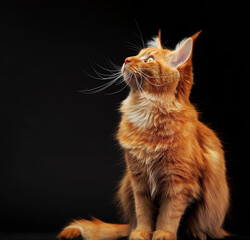 Wall Mural - Red Maine Coon kitten sitting and looking up on a black background