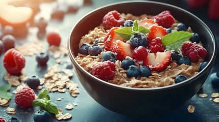 Appetizing Organic Oatmeal Bowl with Fresh Seasonal Fruits 3D