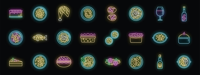 Bright neon icons representing various types of food and drinks glowing on a black background