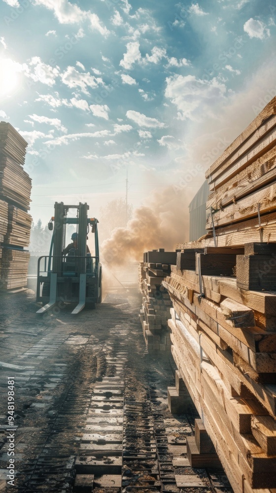 Image shows outdoor construction site with a forklift, wooden materials ...
