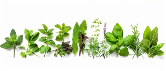 A lineup of ten fresh herbs in different colours and textures on a white background creates a visually appealing gradient.