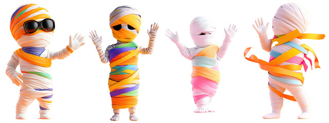 3D of Mummies are wrapped in cloth in various poses perfect for Halloween