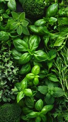 Wall Mural - Vibrant image of fresh green herbs like basil, sage, rosemary, and thyme arranged against a dark backdrop. Colorful, textural display with lush, pointed leaves.