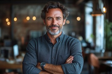 confident ceo in business attire with arms crossed, smiling and looking directly at camera in offi