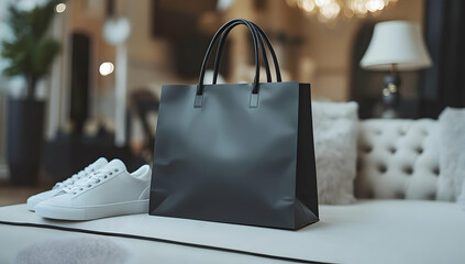 Stylish black bag and white sneaker on an elegant sofa, showcasing modern fashion and lifestyle aesthetics in a luxurious setting.