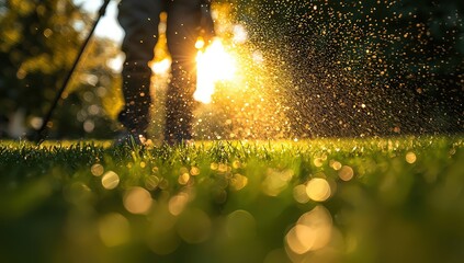 A close-up of someone spraying the lawn with a spot grass spray, sunlight shining through the trees in the background. 