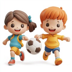 Wall Mural - Children playing football in the yard Cartoon Clay Illustration, 3D Icon, Isolated on white background